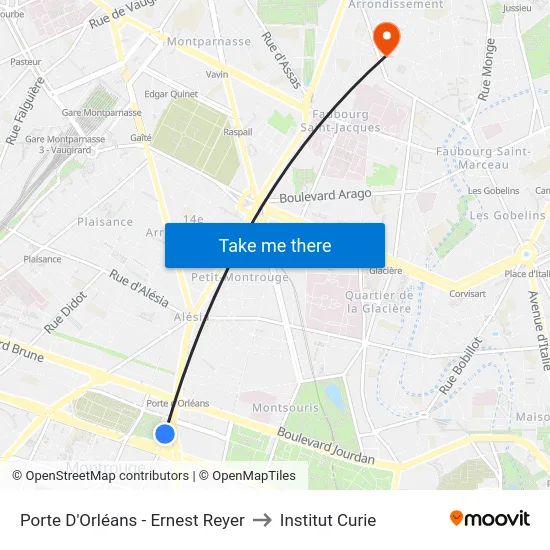 Porte D'Orléans - Ernest Reyer to Institut Curie map