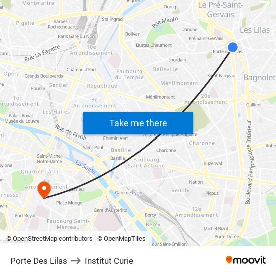 Porte Des Lilas to Institut Curie map