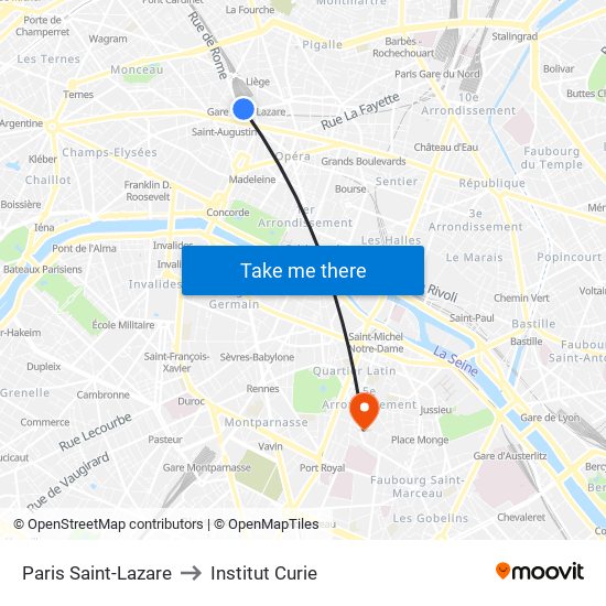 Paris Saint-Lazare to Institut Curie map