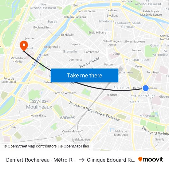 Denfert-Rochereau - Métro-Rer to Clinique Edouard Rist map