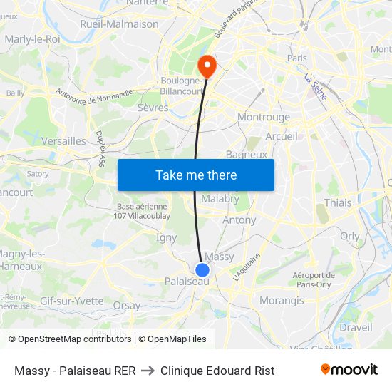 Massy - Palaiseau RER to Clinique Edouard Rist map