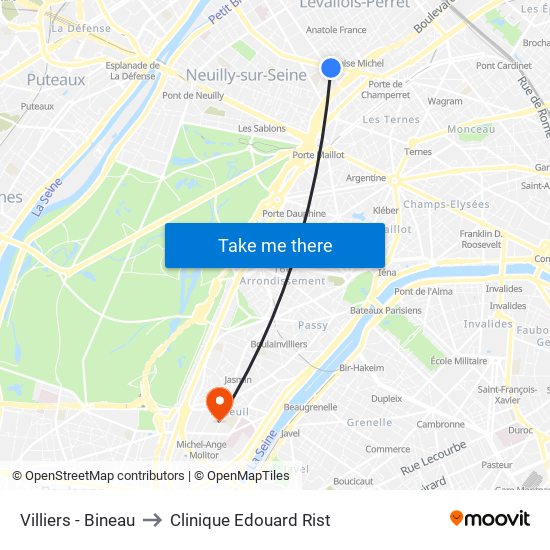 Villiers - Bineau to Clinique Edouard Rist map