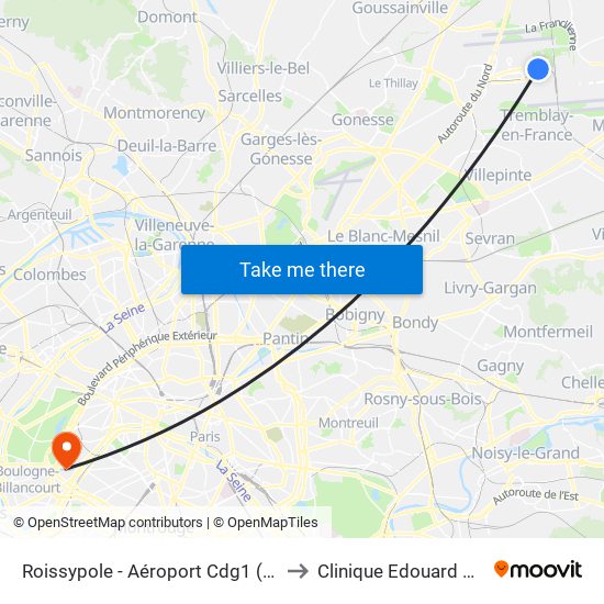 Roissypole - Aéroport Cdg1 (G1) to Clinique Edouard Rist map