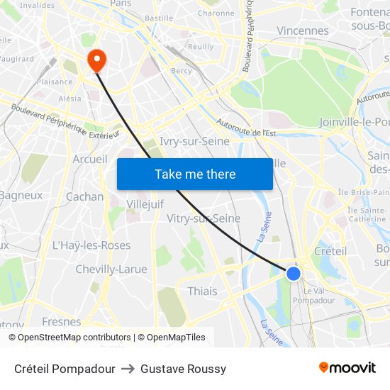 Créteil Pompadour to Gustave Roussy map
