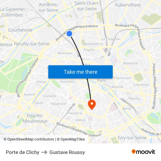 Porte de Clichy to Gustave Roussy map