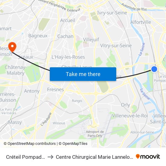 Créteil Pompadour to Centre Chirurgical Marie Lannelongue map