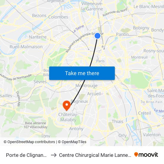 Porte de Clignancourt to Centre Chirurgical Marie Lannelongue map