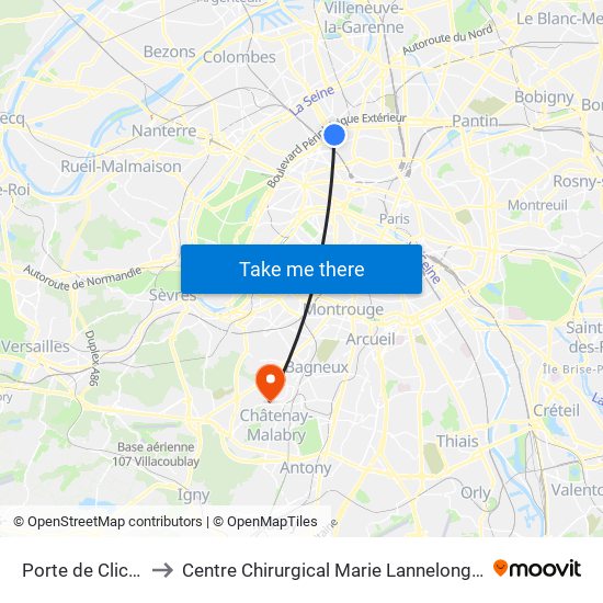 Porte de Clichy to Centre Chirurgical Marie Lannelongue map