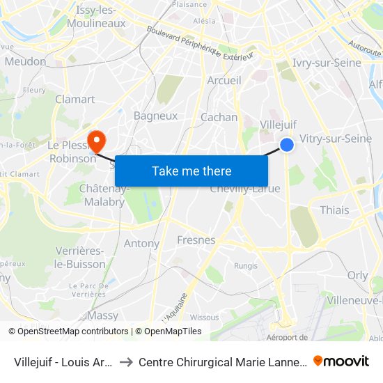 Villejuif - Louis Aragon to Centre Chirurgical Marie Lannelongue map