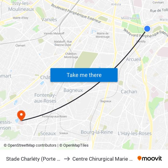 Stade Charléty (Porte de Gentilly) to Centre Chirurgical Marie Lannelongue map