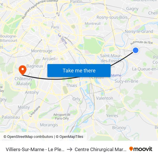 Villiers-Sur-Marne - Le Plessis-Trévise RER to Centre Chirurgical Marie Lannelongue map
