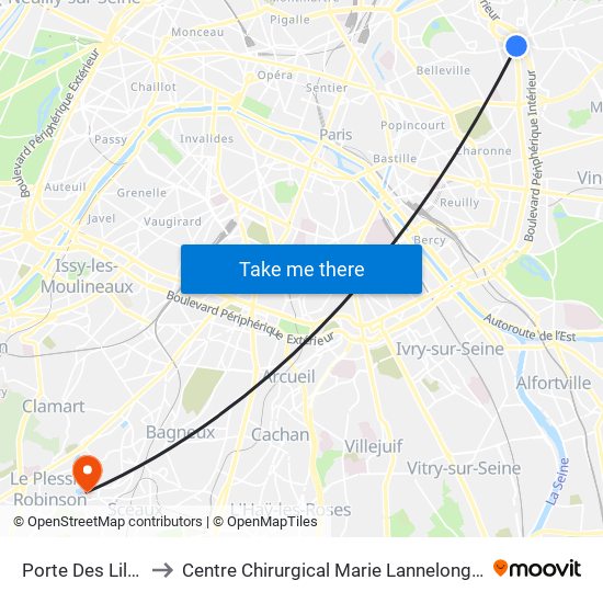 Porte Des Lilas to Centre Chirurgical Marie Lannelongue map