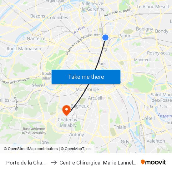 Porte de la Chapelle to Centre Chirurgical Marie Lannelongue map