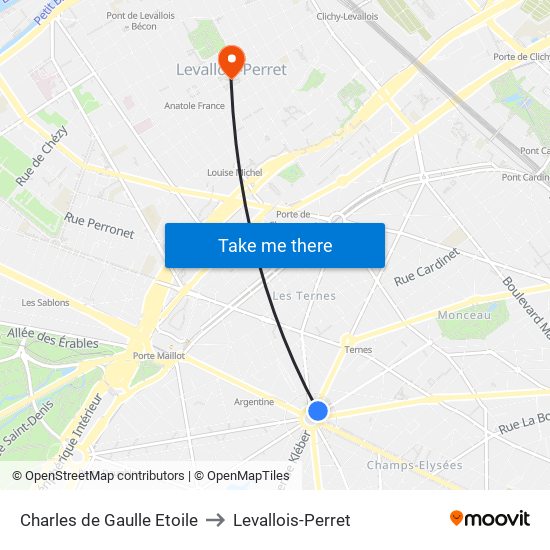 Charles de Gaulle Etoile to Levallois-Perret map
