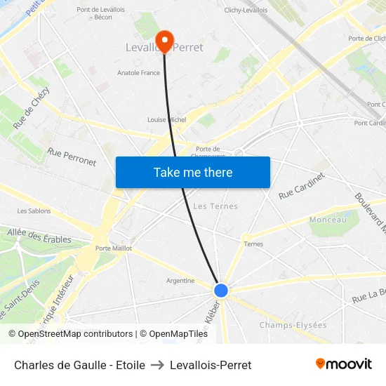 Charles de Gaulle - Etoile to Levallois-Perret map
