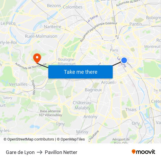 Gare de Lyon to Pavillon Netter map