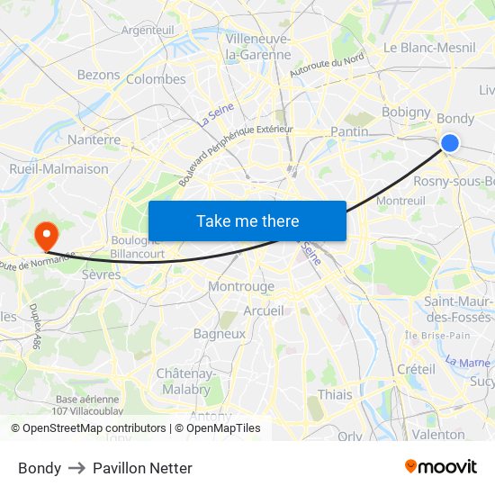 Bondy to Pavillon Netter map