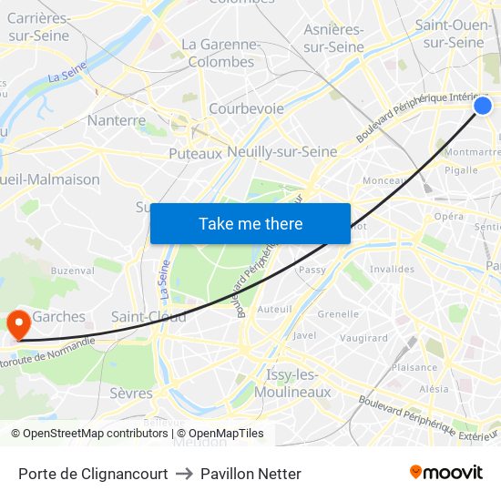 Porte de Clignancourt to Pavillon Netter map