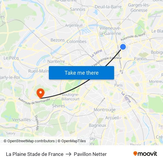 La Plaine Stade de France to Pavillon Netter map