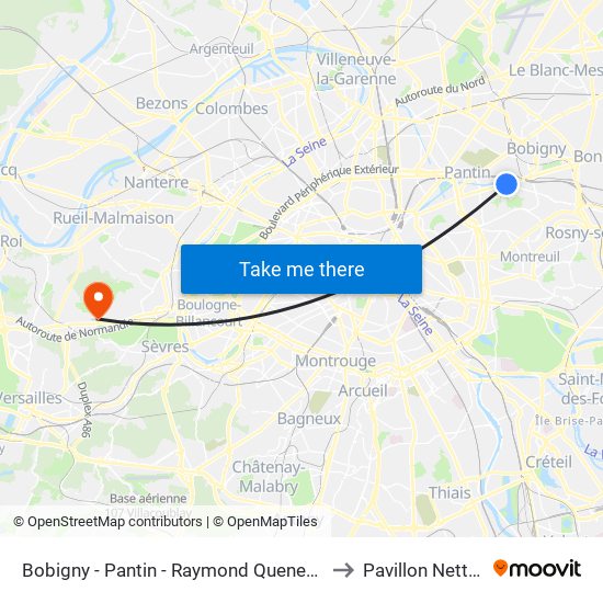 Bobigny - Pantin - Raymond Queneau to Pavillon Netter map