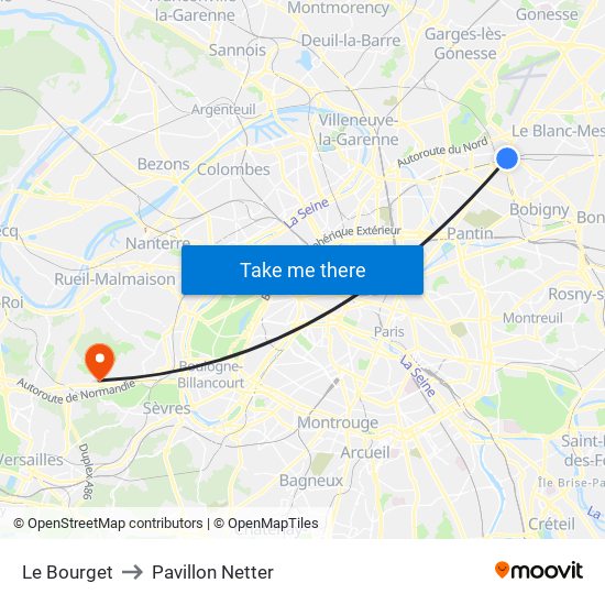 Le Bourget to Pavillon Netter map