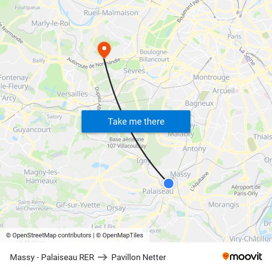Massy - Palaiseau RER to Pavillon Netter map