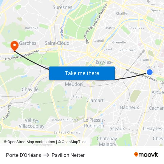 Porte D'Orléans to Pavillon Netter map