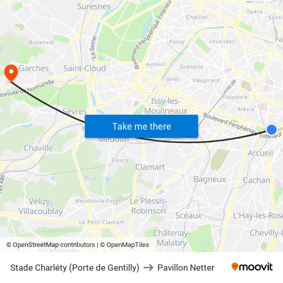 Stade Charléty (Porte de Gentilly) to Pavillon Netter map
