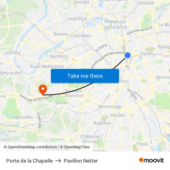 Porte de la Chapelle to Pavillon Netter map