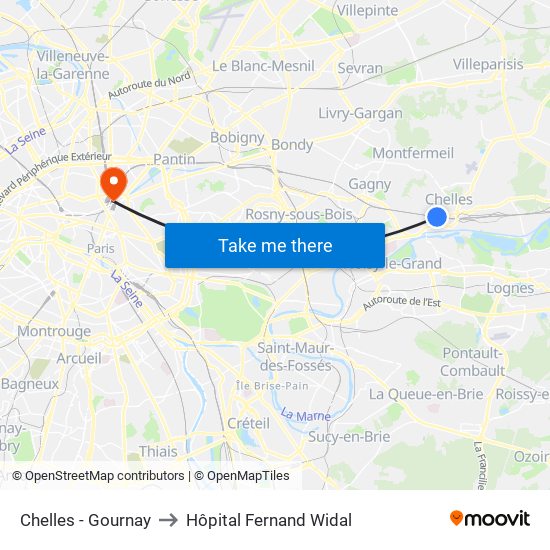 Chelles - Gournay to Hôpital Fernand Widal map