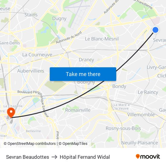 Sevran Beaudottes to Hôpital Fernand Widal map