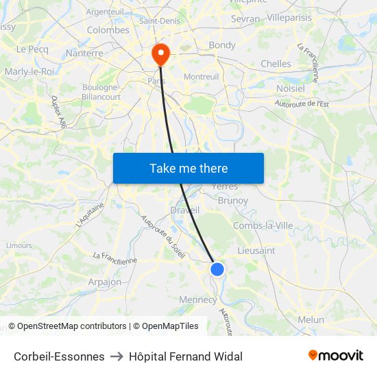 Corbeil-Essonnes to Hôpital Fernand Widal map