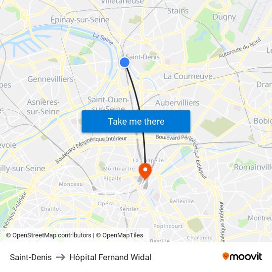 Saint-Denis to Hôpital Fernand Widal map