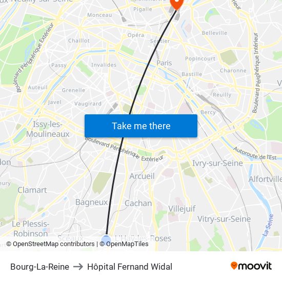 Bourg-La-Reine to Hôpital Fernand Widal map