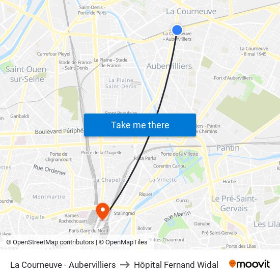 La Courneuve - Aubervilliers to Hôpital Fernand Widal map