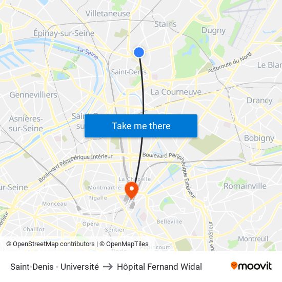 Saint-Denis - Université to Hôpital Fernand Widal map