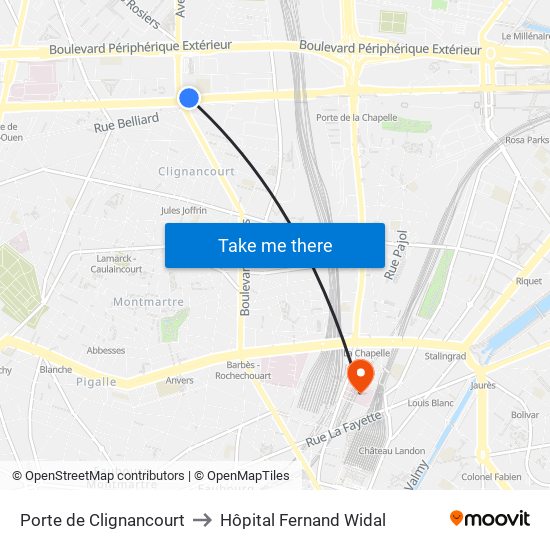 Porte de Clignancourt to Hôpital Fernand Widal map