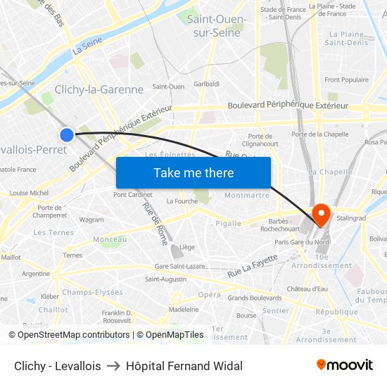 Clichy - Levallois to Hôpital Fernand Widal map