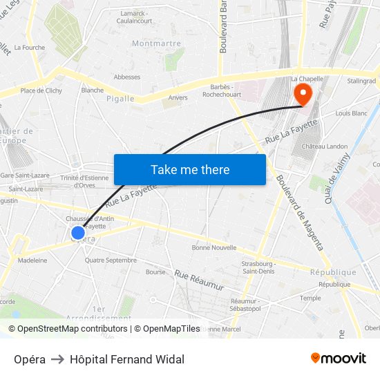 Opéra to Hôpital Fernand Widal map