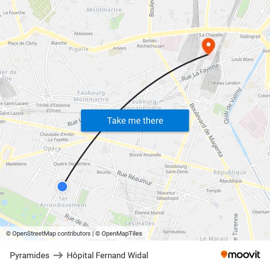 Pyramides to Hôpital Fernand Widal map