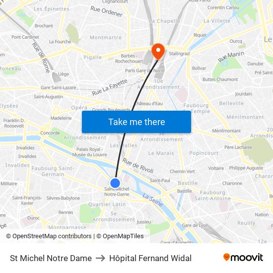 St Michel Notre Dame to Hôpital Fernand Widal map