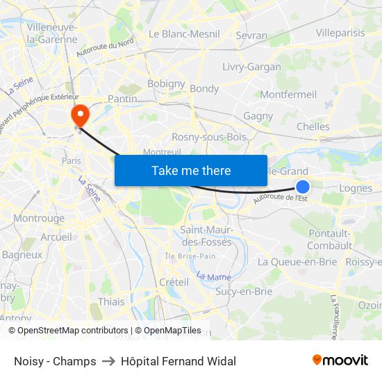 Noisy - Champs to Hôpital Fernand Widal map