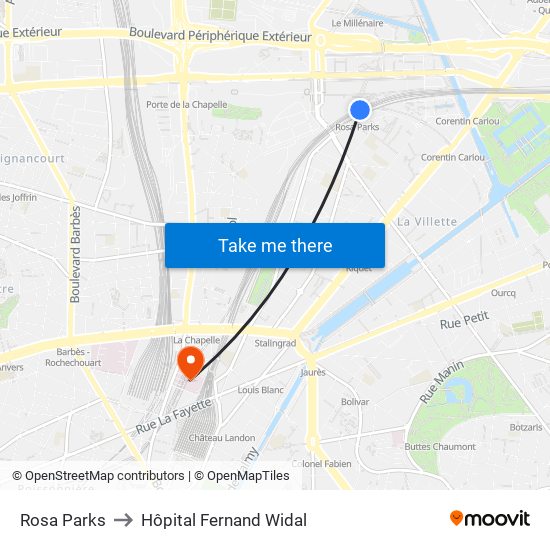 Rosa Parks to Hôpital Fernand Widal map