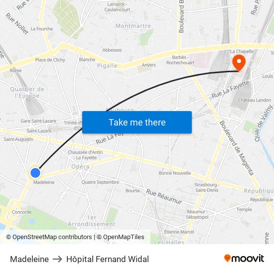 Madeleine to Hôpital Fernand Widal map