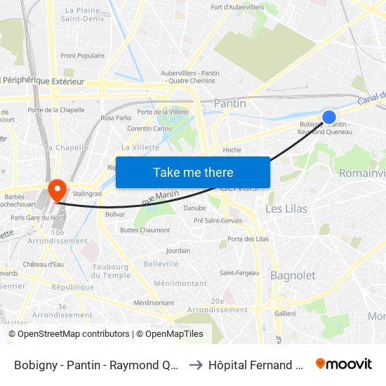 Bobigny - Pantin - Raymond Queneau to Hôpital Fernand Widal map