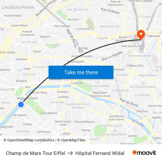 Champ de Mars Tour Eiffel to Hôpital Fernand Widal map