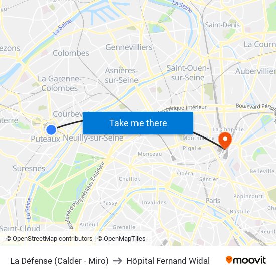 La Défense (Calder - Miro) to Hôpital Fernand Widal map