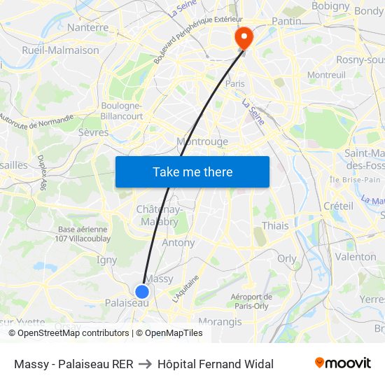 Massy - Palaiseau RER to Hôpital Fernand Widal map