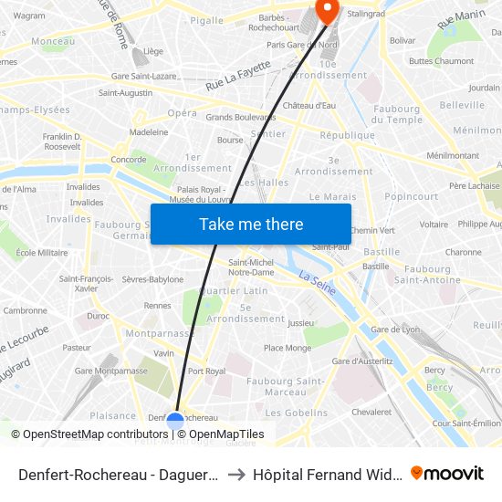 Denfert-Rochereau - Daguerre to Hôpital Fernand Widal map