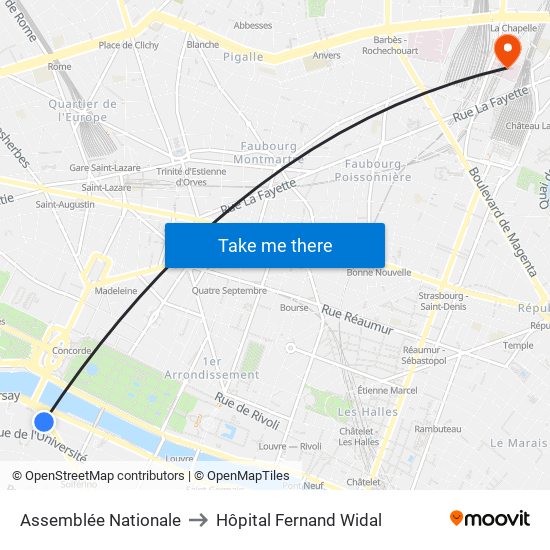 Assemblée Nationale to Hôpital Fernand Widal map